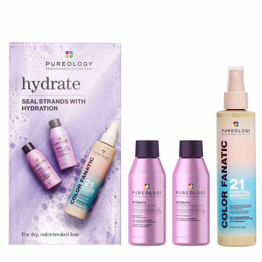Pureology Hydrate Discovery Set, Pureology Hydrate Shampoo, Pureology Hydrate Conditioner, Pureology Color Fanatic Leave In Spray