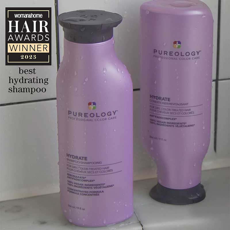 Pureology Hydrate Shampoo and conditioner in the shower, award winning professional shampoo