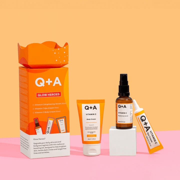 Q+A glow heroes gift set, vitamin C serum