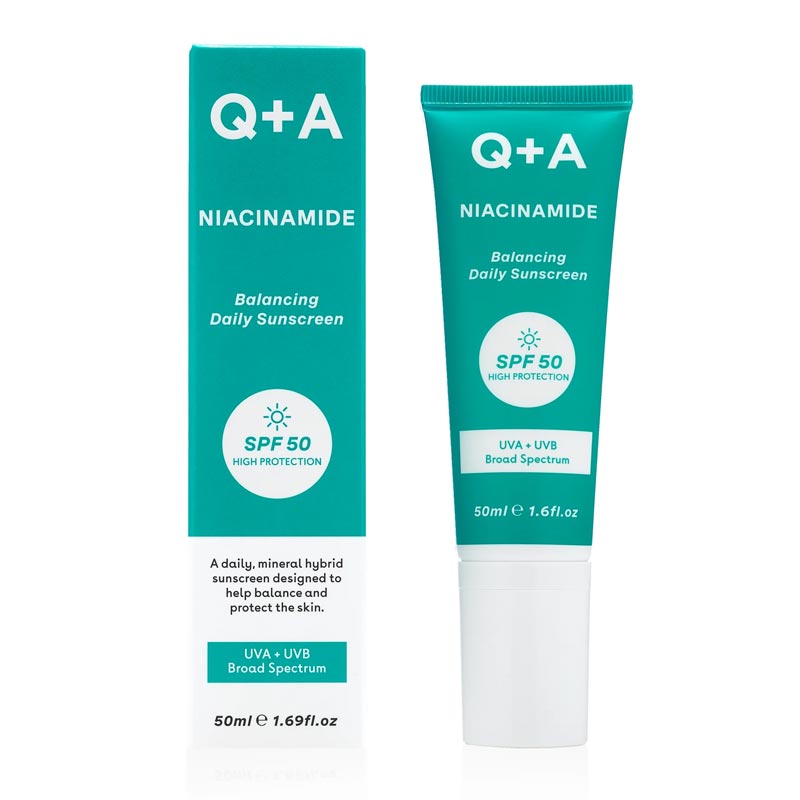 Q+A Niacinamide Balancing Face Sunscreen | SPF 50 | Lightweight | Non-greasy | Broad Spectrum | Daily Sunscreen | UVA | UVB Rays | Enhanced with Niacinamide | Hybrid Formula | Protects Against Sun Damage | Regulates Oiliness | Refines Pore Size | Controls Blemishes