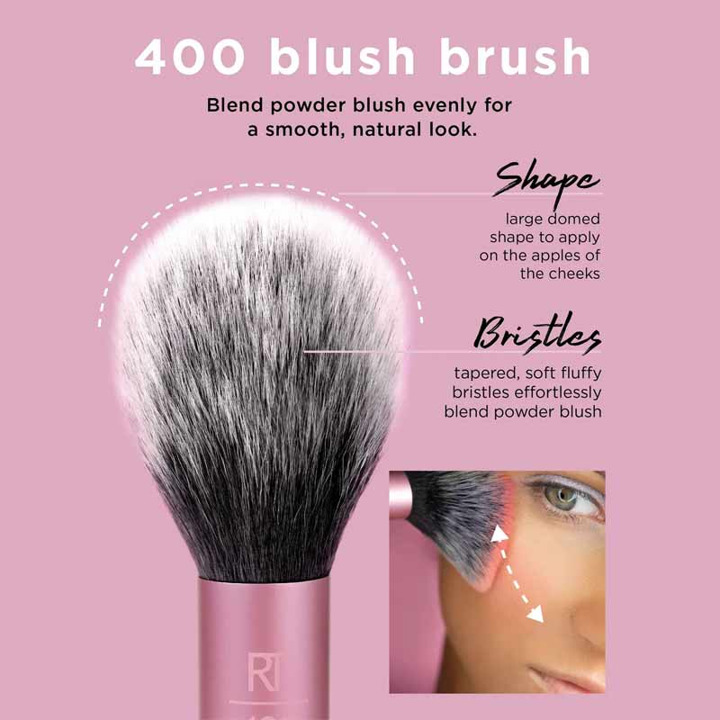 Real Techniques Blush Brush | high-performance | bristles | feel | super | soft | skin | domed | shape | custom | cut | contour | look | high-tech | materials | synthetic | define | cheeks | add | definition | colour | fluffy | powder