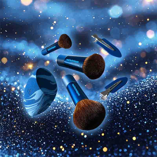 Real Techniques Everyday Slay Gift Set Blue Glitter Stylised Image of Products Floating