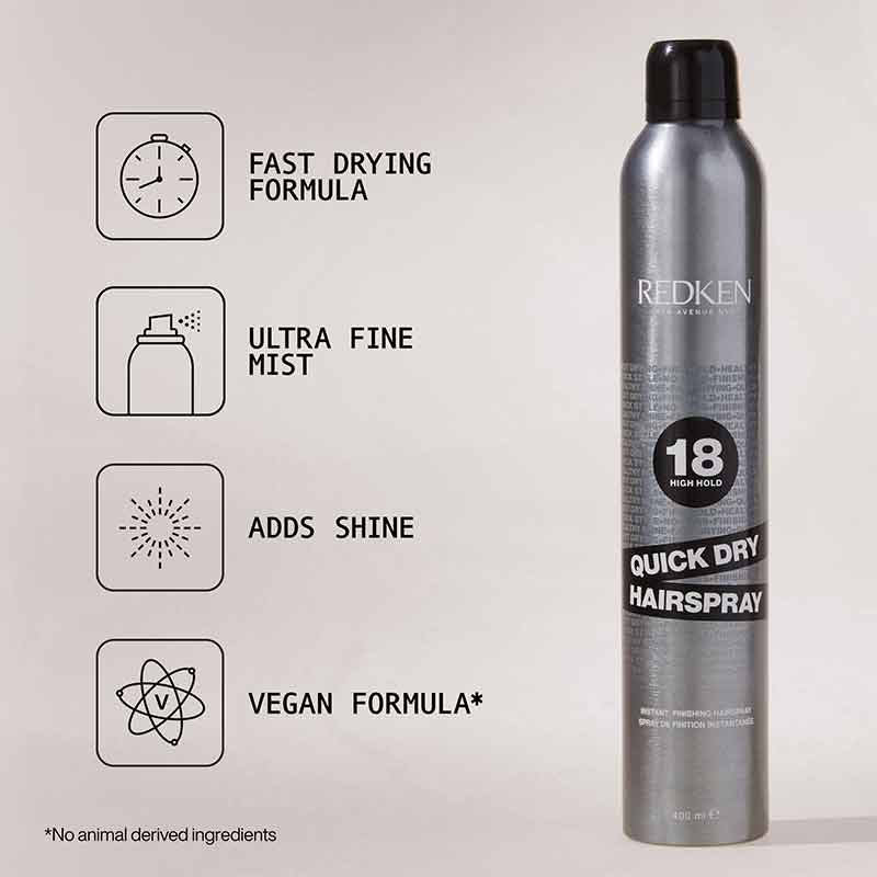 Redken’s 18 Quick Dry Hairspray | Extra hold hairspray | Adds shine | Ultra fine mist | Fast drying formula | Vegan formula