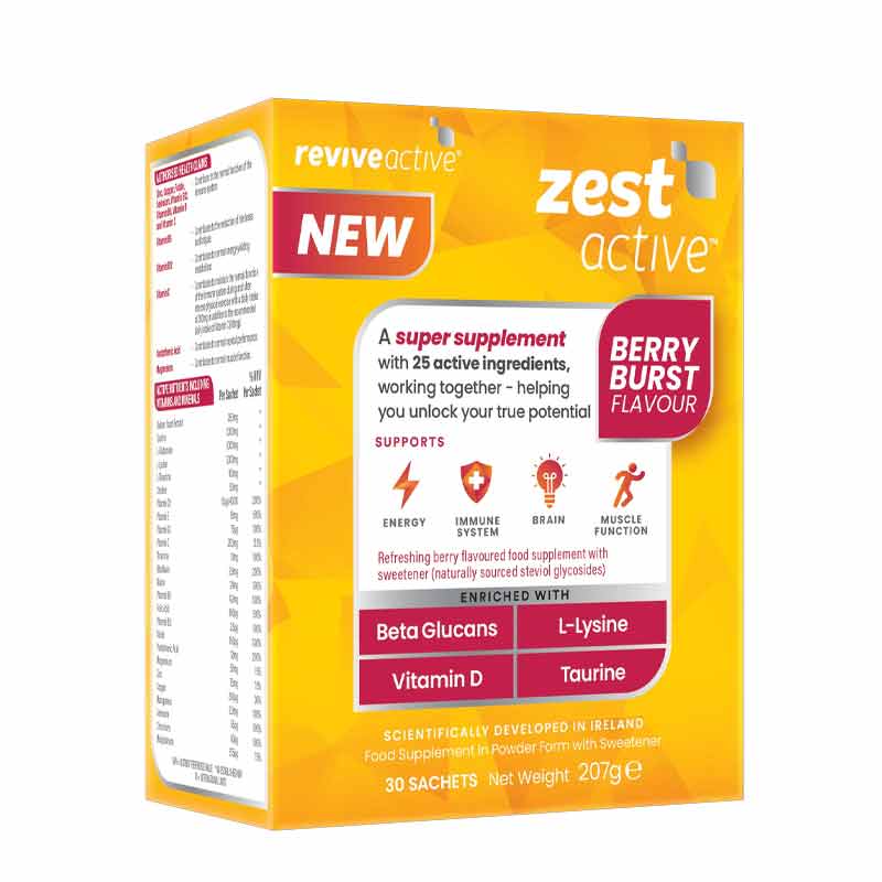 Revive Active Zest Active Berry Box With Ingredients At The Side