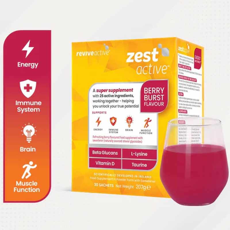 Revive Active Zest Active Berry Box With Information And Dissolved In The Glass