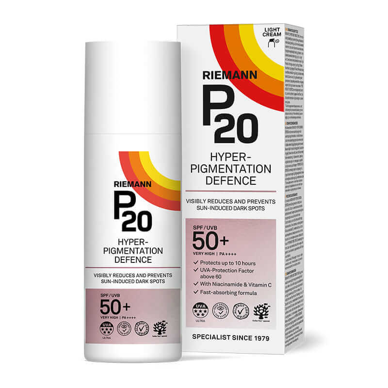 Riemann P20 Hyperpigmentation Defence SPF 50+ | reduces sun-induced dark spots | Niacinamide and Vitamin C | Fast-absorbing formula | up to 10 hours of sun protection | Clinically proven to reduce hyperpigmentation in 8 weeks | Dermatologically tested for sensitive skin | Suitable for all skin types | Water-resistant, non-comedogenic, and fragrance-free