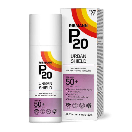 Riemann P20 Sun Protection Urban Shield Face SPF50+ | Advanced protection | SPF 50+ | Broad-spectrum UVA and UVB filters | Guards against pollution | Fast-absorbing | Non-comedogenic | Vegan | Triple Protection Technology | Up to 10 hours of sun protection | Twice the EU's required UVA protection | Suitable for all skin types