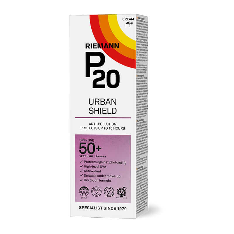 Riemann P20 Sun Protection Urban Shield Face SPF50+ | sun protection | SPF 50+ | Broad-spectrum UVA and UVB filters | Guards against pollution | Fast-absorbing | Non-comedogenic | Vegan | Triple Protection Technology | Up to 10 hours of sun protection | Suitable for all skin types