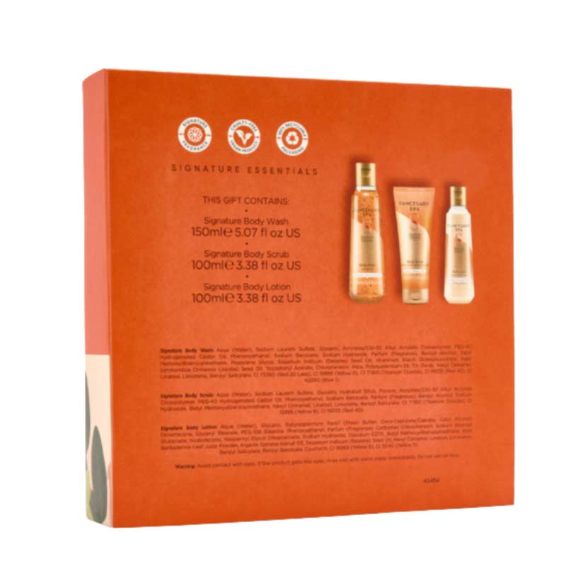 Sanctuary Spa Signature Essentials Trio Gift Set Back of The Box