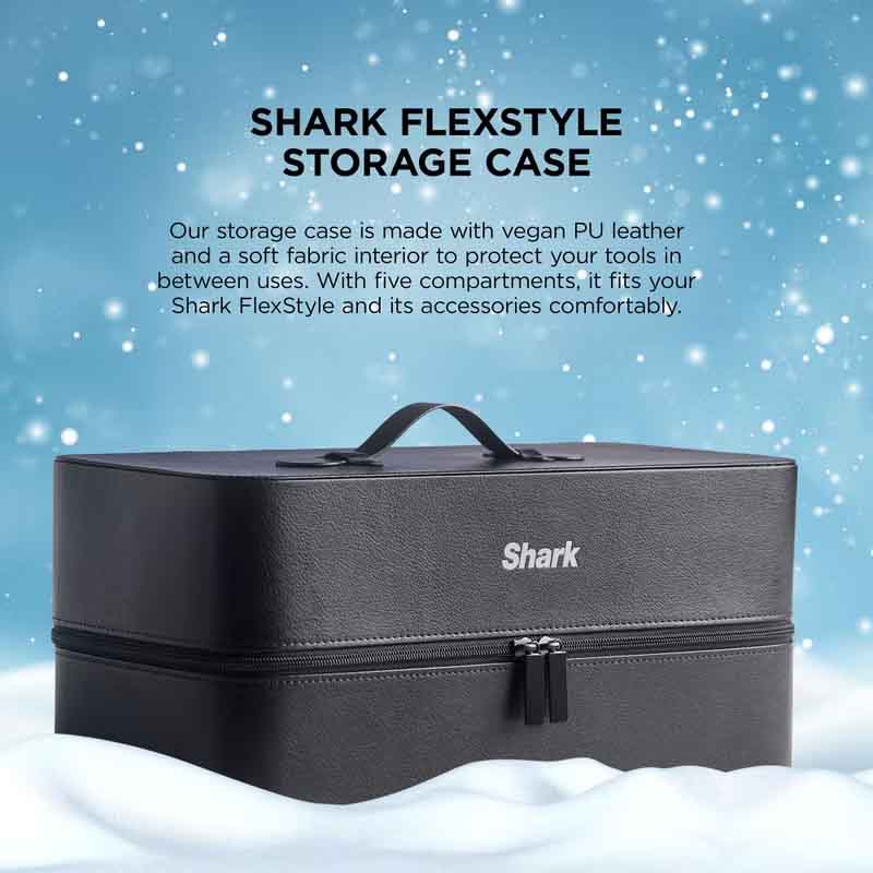Black Shark FlexStyle storage case with a top handle and front zipper, shown on a snowy blue background with promotional text.