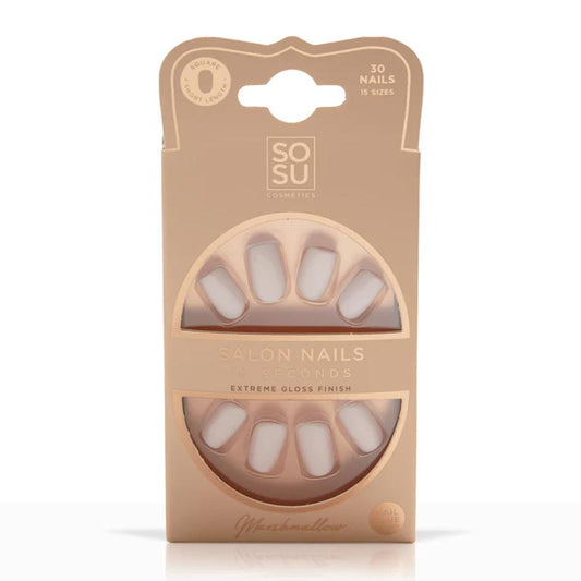 SOSU Cosmetics | Marshmallow | False Nails | perfect | elevate | salon-quality | easy application | high-gloss finish | Transform | seconds | short-length | square-shaped | manicure | stunning | milky | nude | 15-sizes | everyone