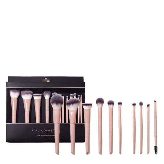 SOSU Cosmetics makeup brush set with 12 brushes, shown with their black presentation box on a solid white background.