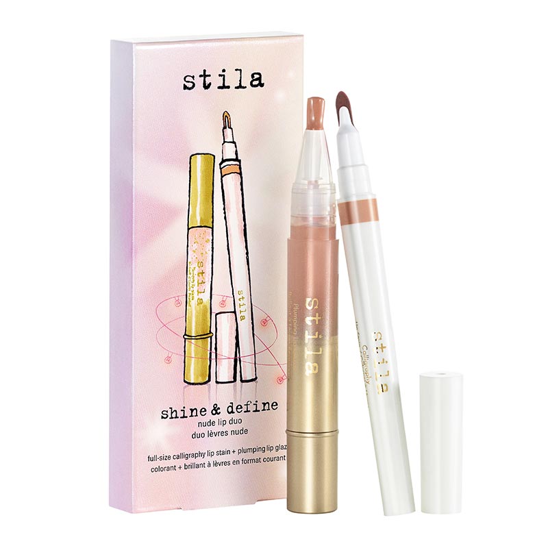 Stila shine and define nude lip duo, nude calligraphy lip stain, plumping lip gloss