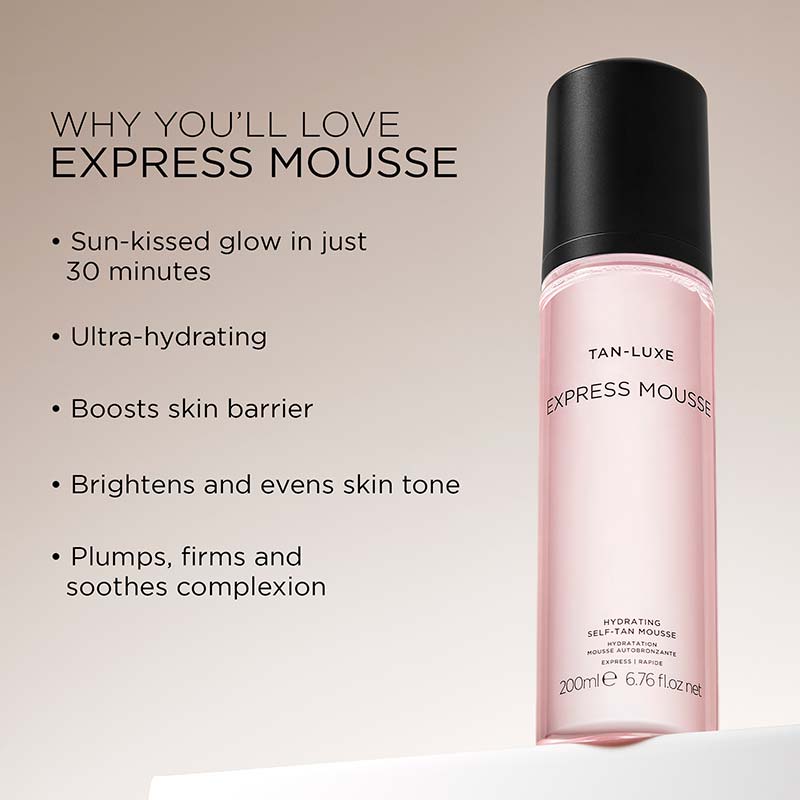 Tan-Luxe Express Mousse | ultra hydrating tan | water tan | transfer free tan | brightening tan | sun kissed tan | medium tan