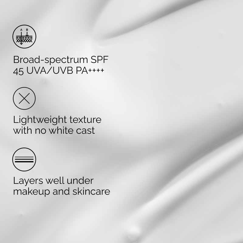 The Ordinary UV Filters SPF 45 Sunscreen Serum Information On UVA/UVB rays protection and some texture information i.e. lightweight and layers well under makeup