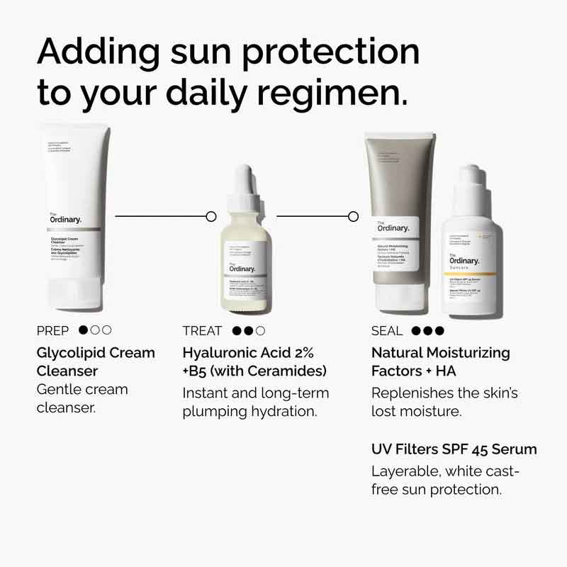 The Ordinary showing how to add sun protection into your daily regimen and suggesting what products you should us, for prep, treat and seal