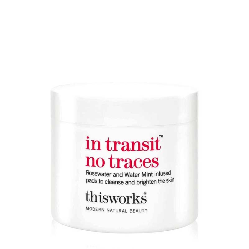 This Works | In Transit No Traces | cleansing pads | 100% biodegradable | makeup removal | skin hydration | on-the-go | Rosewater | Mint | botanical oils | remove impurities | protect skin | hydrate skin | suitable for all skin types | healthy complexion | luminous complexion