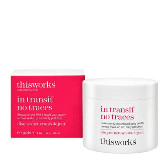 This Works | In Transit No Traces | cleansing pads | 100% biodegradable | makeup removal | skin hydration | on-the-go | Rosewater | Mint | botanical oils | remove impurities | protect skin | hydrate skin | suitable for all skin types | healthy complexion | luminous complexion
