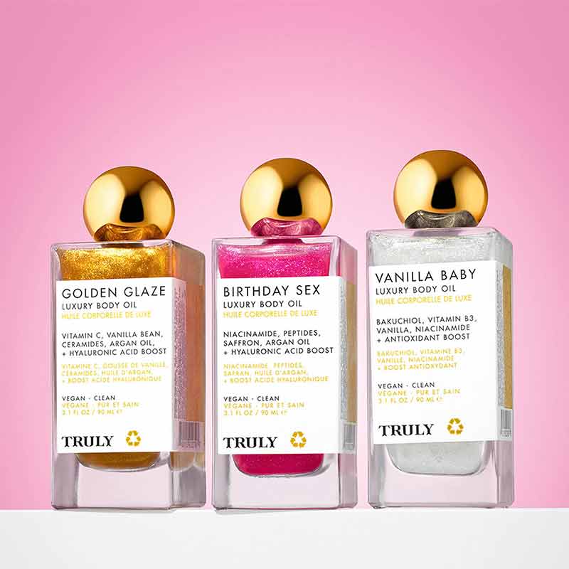 Truly Beauty Birthday Sex Luxury Body Oil Lifestyle Image Three Shades Bottles