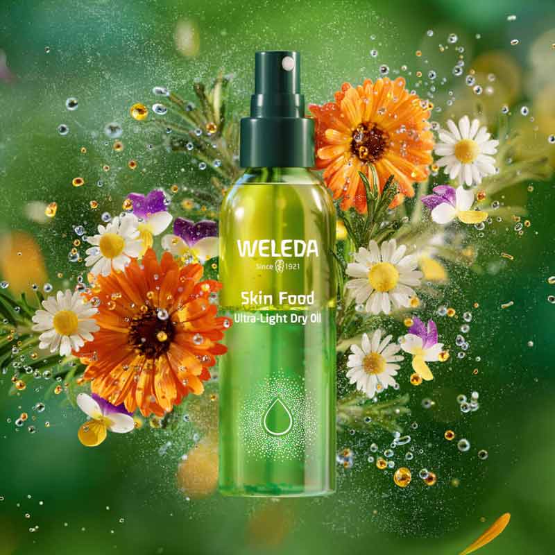 Weleda Skin Food Ultra Light Dry Oil | lightweight | effective hydration | pansy | organic calendula | organic rosemary | organic chamomile | deeply nourishes | soft | supple