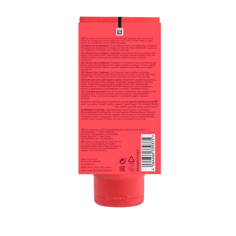 Wella Professionals | Invigo Colour Brilliance Conditioner | Coarse Coloured Hair | back of packet | Ingredients