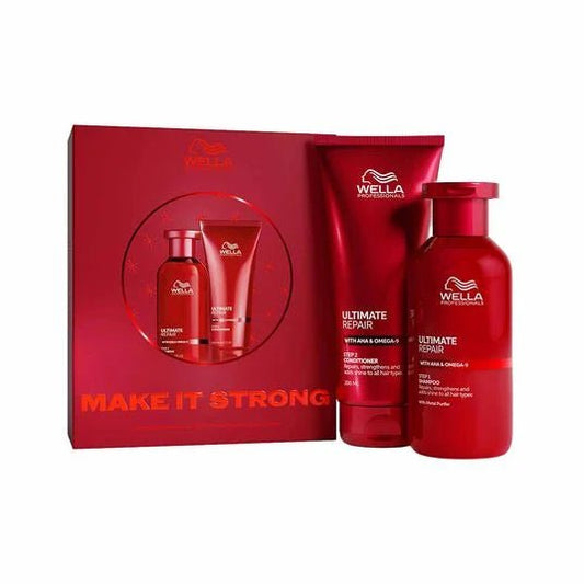Wella Professionals Ultimate Repair Make it Strong Duo Set product image white background red bottles side by side in front of the packaging