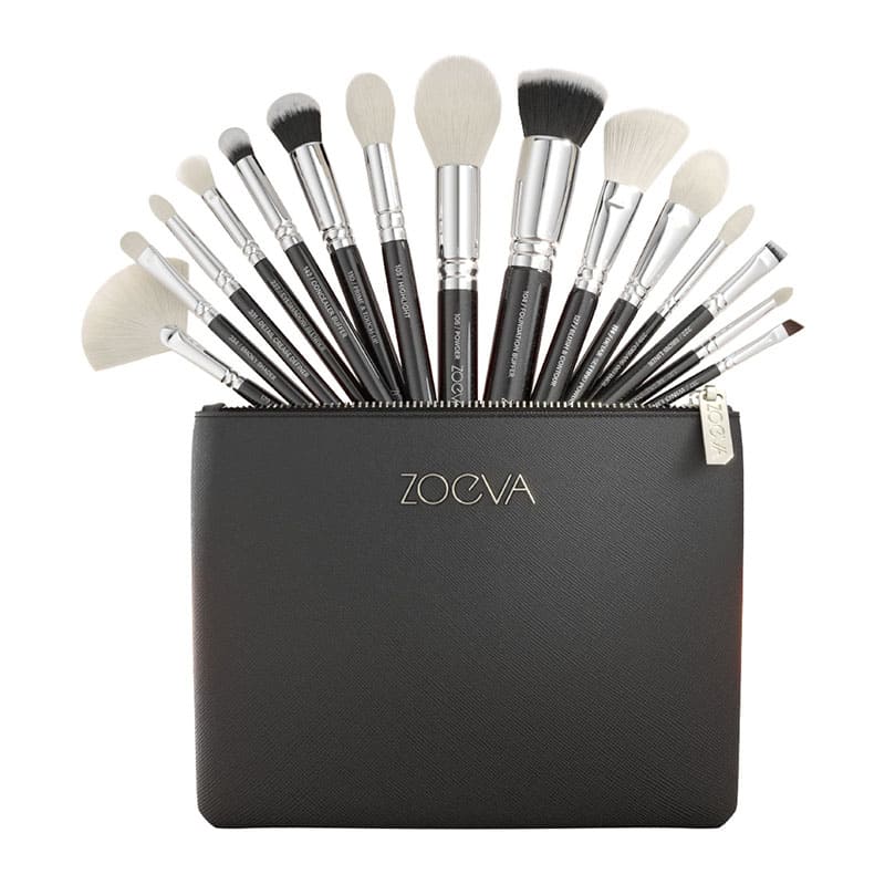 Zoeva | The Artists Brush Set | 15 essential makeup brushes | stylish clutch | traditionally handcrafted | premium components | innovative | white Soft-Vegan-Performance™ hair mix brushes | powder formulas | vegan mono hair mix brushes | black hair | white tips | liquid | cream | gel textures | unleash inner artist | artistry | no bounds
