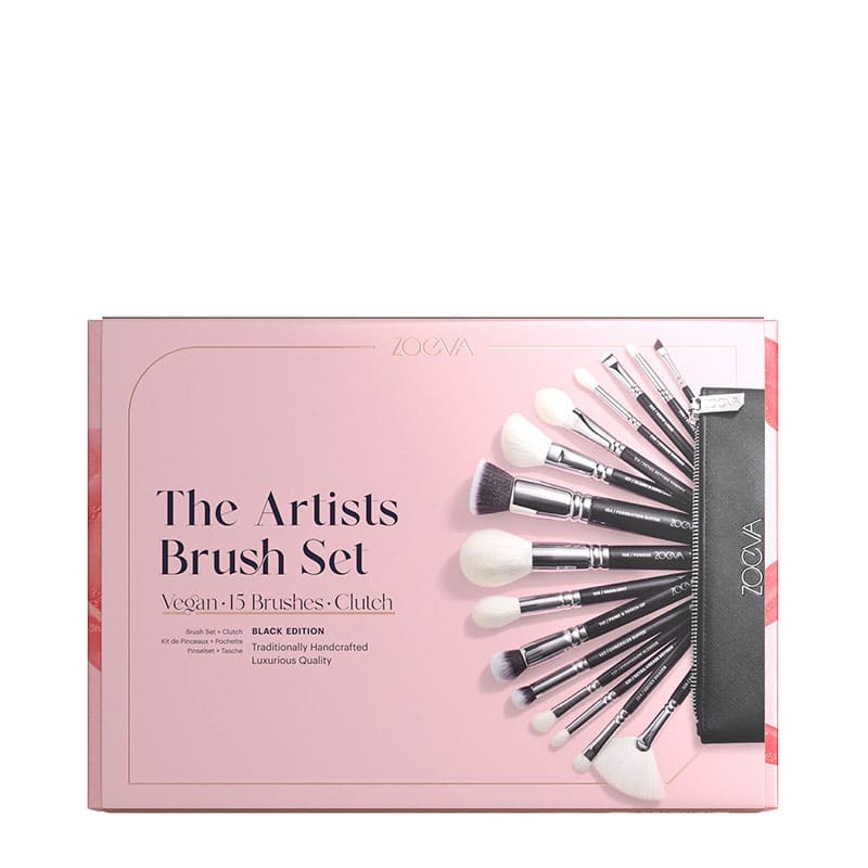 Zoeva | The Artists Brush Set | 15 essential makeup brushes | stylish clutch | traditionally handcrafted | premium components | innovative | white Soft-Vegan-Performance™ hair mix brushes | powder formulas | vegan mono hair mix brushes | black hair | white tips | liquid | cream | gel textures | unleash inner artist | artistry | no bounds