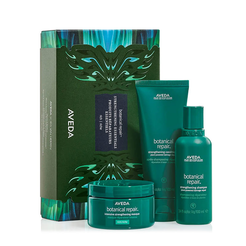 Aveda Botanical Repair Strengthening Essentials Rich Gift Set | bestselling strengthening shampoo | conditioner | intensive treatment mask | medium to thick hair types | repair | strengthen | healthier | visibly stronger-looking hair | chic | reusable Aveda x Iris van Herpen gift box | holiday treat | style | power of botanical repair