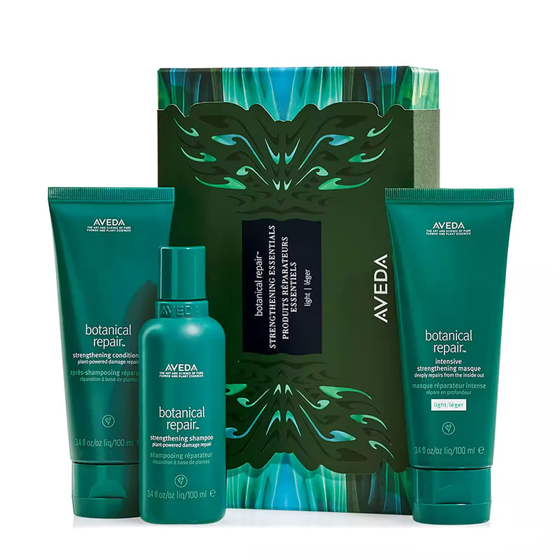 Aveda Botanical Repair Strengthening Essentials Light Gift Set | plant-derived bond-building routine | bestselling strengthening shampoo | conditioner | intensive strengthening treatment mask: light | reverse visible signs of damage | chic | reusable Aveda x Iris van Herpen gift box | holiday treat | style | power of botanical repair