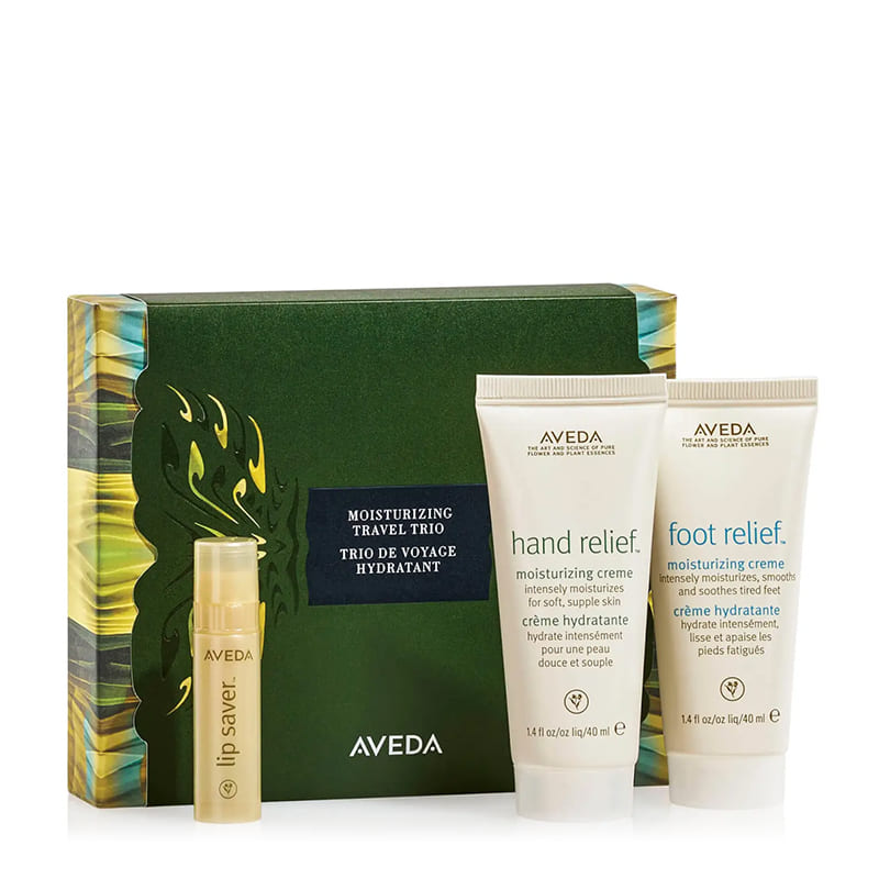 Aveda Moisturizing Travel Trio Gift Set | holiday essential | ultra-moisturizing | Hand Relief™ | Foot Relief™ | Lip Saver™ | travel-friendly sizes | soothing | softening | dry skin | lips | instant hydration | anytime | anywhere | stylish | reusable box | Iris van Herpen-designed