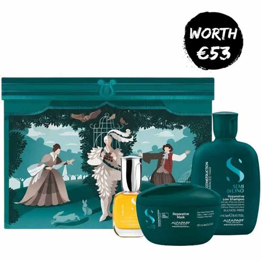 A haircare gift set from alfaparf featuring a large illustrated teal box, a dark teal shampoo bottle, a dark teal conditioner jar, and a small yellow bottle, with a black circular badge reading 'WORTH €53' in the top right on a white background.