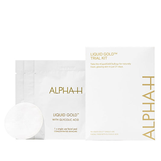 Alpha-H Liquid Gold Trial Kit | brand-new | trial size | sachets | bestselling | Liquid Gold | fresh | glowing | skin | 21 days | award-winning | accelerating acid | clinically proven | improve | skin tone | luminosity | texture | elasticity | fine lines | wrinkles | dullness | uneven skin tone | tingle | visible glow | transform | 3 weeks | #LiquidGoldChallenge