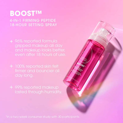 Beautyblender Boost 4-in-1 Firming Peptide Setting Spray | 18 hour | spray | set | perfect | hold | long-lasting | grip | all day | flawless | firmer | bouncier | humidity resistant 