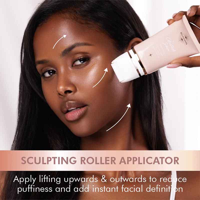 Bellamianta Celestial Skin Dream Base Primer Image with text on screen to apply lifting upwards and outwards to reduce puffiness and add definition