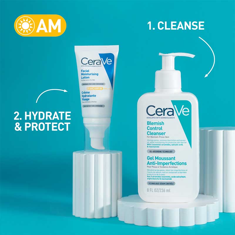 CeraVe Blemish Control Essentials Gift Set | AM routine | cleanse | face | cleanser | hydrate | protect | SPF 50 | facial moisturising lotion | SPF 50 | morning | day 