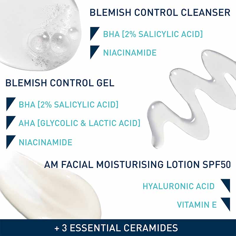 CeraVe Blemish Control Essentials Gift Set | dermatologist recommended | approved | formulas | ingredients | cleanser | gel | moisturising lotion 