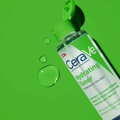 CeraVe Hydrating Toner Droplets on green background