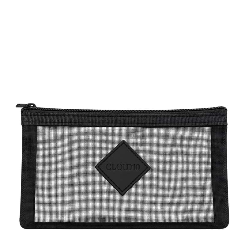 Black mesh makeup bag included with the Cloud 10 On the Go Travel Brush Set