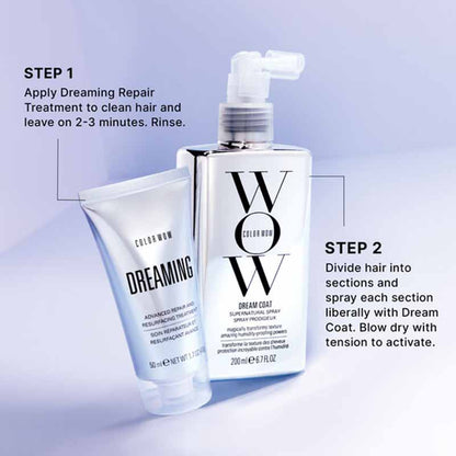 Color Wow WOW Dream Coat hair repair treatment bottle and Dreaming treatment tube on a light blue gradient background with instructional text overlays.