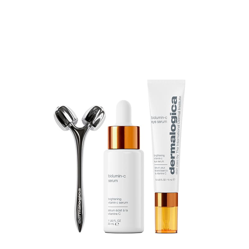 Dermalogica Brightening Kit | specially curated | signs of skin aging | uneven skin tone | brightening routine | ultra-stable Vitamin C | spa-like experience | home | indulge | BioLumin-C Eye Serum | BioLumin-C Serum | included skin roller