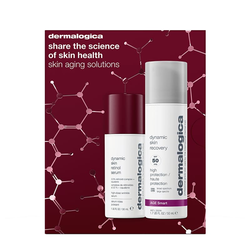 Dermalogica Skin Aging Solutions Gift Set | full sizes | Dynamic Skin Recovery SPF50 | Dynamic Skin Retinol Serum | perfect gift | multi-benefit solutions | skin aging | broad-spectrum daily moisturizer | hydrates | smooths | protects skin | UVA and UVB rays | Retinol Serum | 3.5% retinoid complex | wrinkles | retexturizes skin | minimizes pores | evens skin tone
