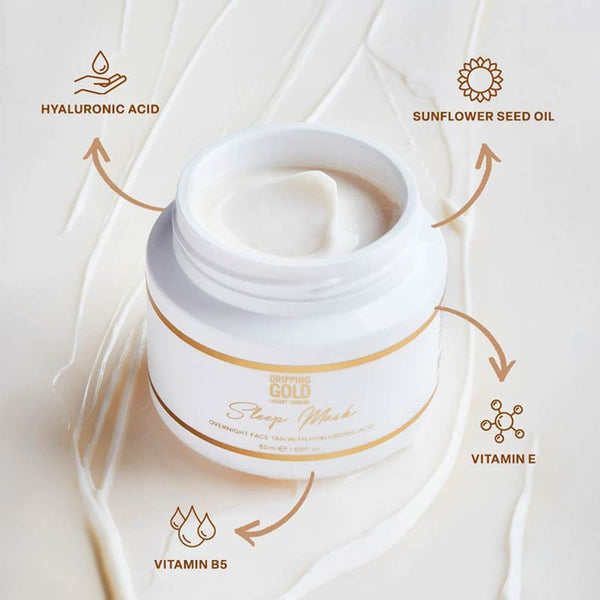 Dripping Gold Sleep Mask | Overnight Face Tan with Hyaluronic Acid | Vitamin B5 | Vitamin E | Sunflower Seed Oil | Hyaluronic Acid | Ingredients | swatch 