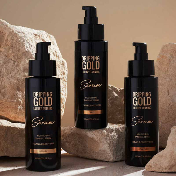 Dripping Gold Luxury Tanning Serum | Tropical scent | fluid | quick dry down | enriched | promote skin health | Squalene | Rosehip Oil | Goji Berry extract | Chamomile Flower | Acai Berry | Grapeseed oil | Omega-6 | Vitamin E | Vegan | hydrate | skincare | tan 