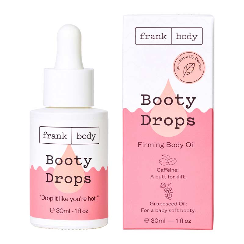 Frank Body Booty Drops Firming Oil | vegan | body oil | firm | smooth | hydrate | natural scent | oils | sweet | skin | glow | feel soft to touch | Give that booty a lift | Caffeine | Grapeseed Oil | baby soft