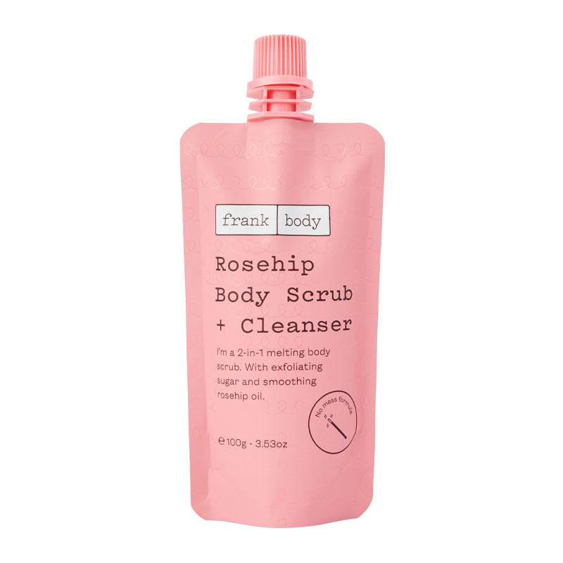 Frank Body Rosehip Body Scrub + Cleanser | 2-in-1 | melting body scrub | rich | quality | ingredients | gentle | effective | exfoliating sugar | smoothing rosehip oil | skin | soft | smooth | deeply nourished | helps scars | marks | fade over time.