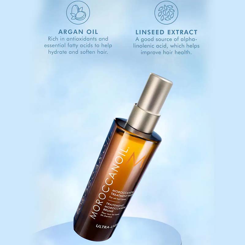 Moroccanoil Hair and Hand Heroes Mist Gift Set blue background key ingredients argan oil and linseed extract