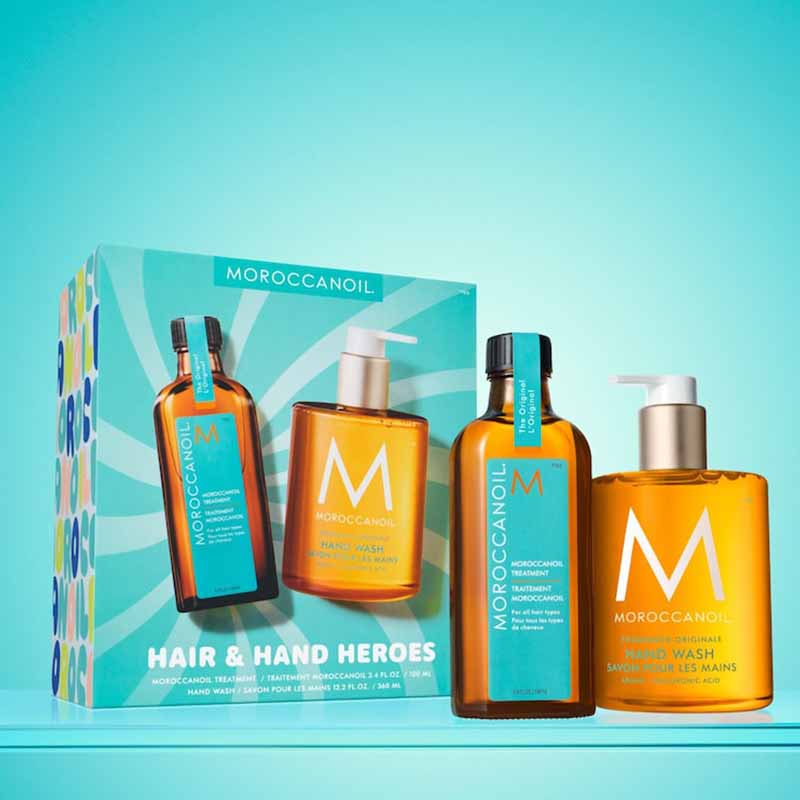 Moroccanoil Hair and Hand Heroes Original Gift Set Turquoise Background