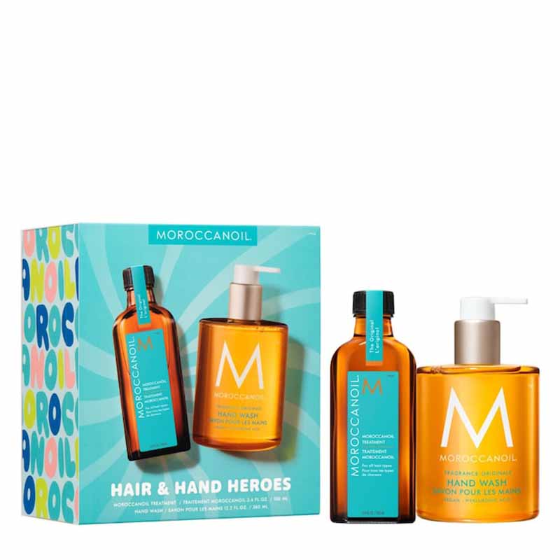 Moroccanoil Hair and Hand Heroes Original Gift Set White Background Turquoise box and both products beside it