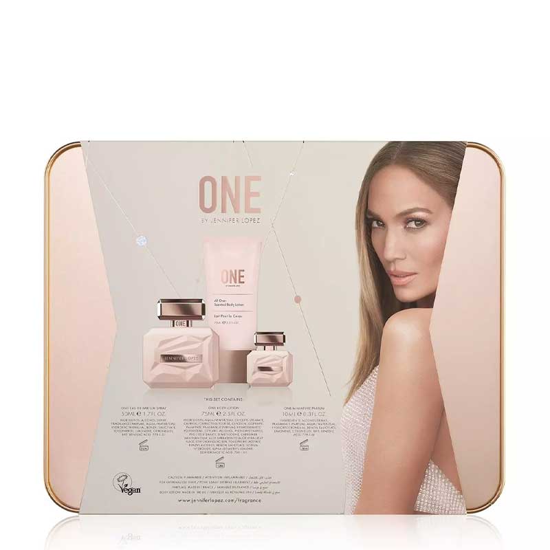 Jennifer Lopez | One | Gift Set | fragrance | full size | travel size | body lotion | beautiful | keep safe | gold tin | burst of pink pepper | florals | harmony | peace | Vegan | powerful | ONE | reflection | perfect gift 